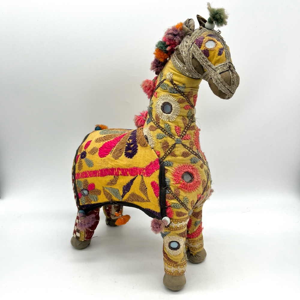 Vintage Indian Rajasthani Multicolored Cotton Fabric Horse Folk Art 12-13”
